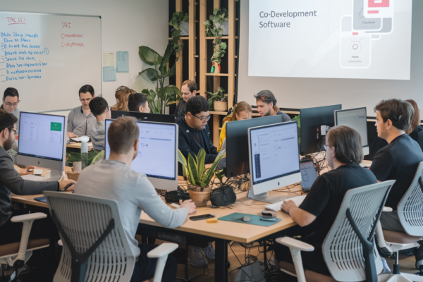 Digital illustration of team members collaborating on co-development software with code and planning tools displayed.