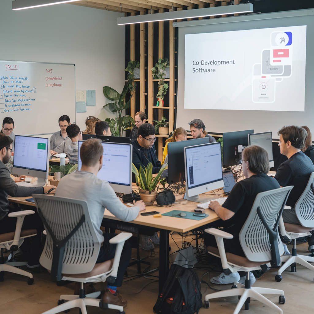 Digital illustration of team members collaborating on co-development software with code and planning tools displayed.