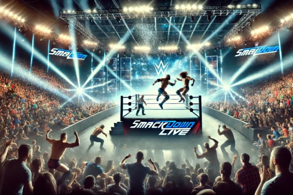 Scene from WWE SmackDown Episode 1488 with wrestlers and crowd