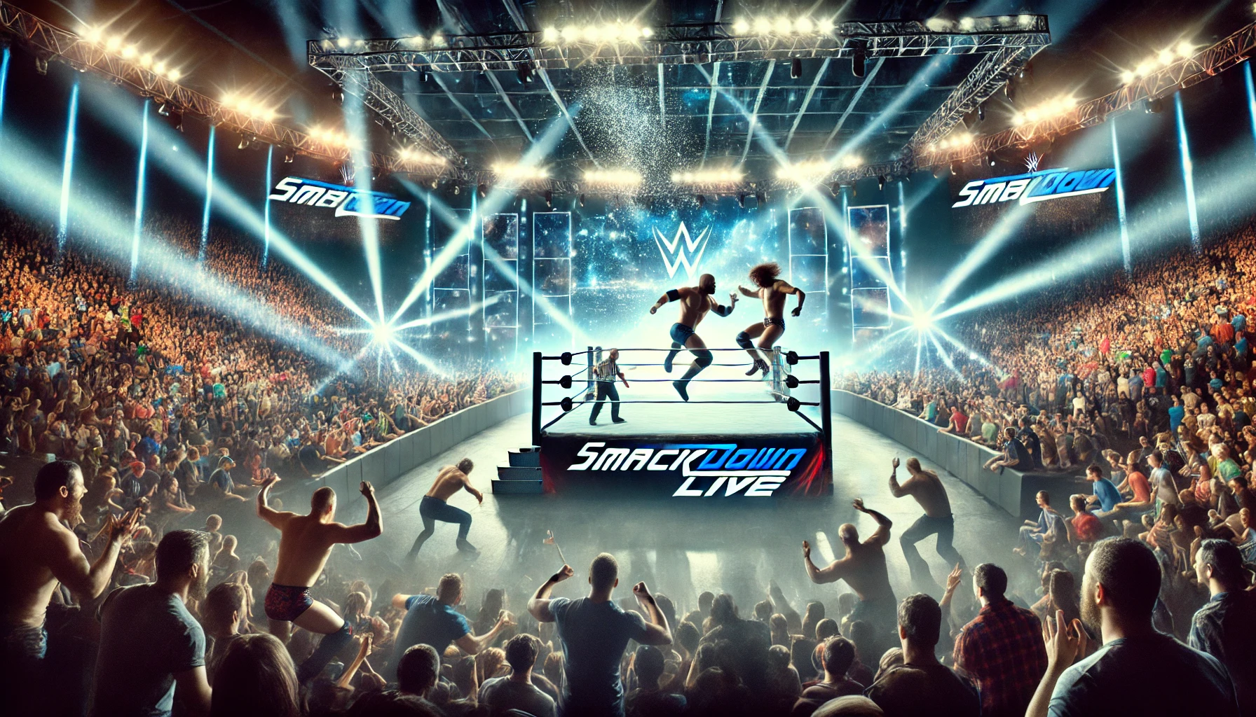 Scene from WWE SmackDown Episode 1488 with wrestlers and crowd